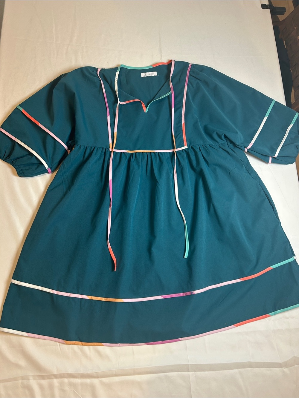 Teal Peasant Tunic Dress with Multicolor Trim